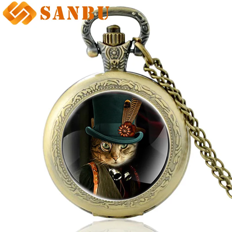 Античная бронза Панк кошка кварцевые карманные часы Винтаж для мужчин женщин стимпанк Скелет Кулон ожерелье антикварные ювелирные изделия - Цвет: Bronze