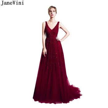 

JaneVini Charming Burgundy Bridesmaid Dress V Neck Luxury Prom Dresses Sequined Beading Tulle Backless A Line Formal Prom Gowns