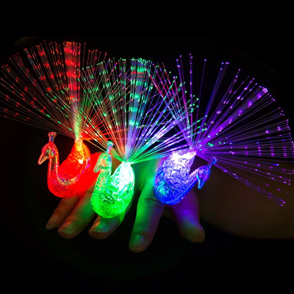 1Pcs LED Glow Peacock Finger Light Laser Beams Ring Optical Fiber Toy Flash Kid Fluorescent Shiny Neon Flashing Toys Random