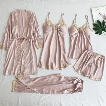 

Summer Sleepwear Female With Chest Pads Sexy Women Pajamas Lace Patchwork Sleep Lounge 5pcs Sets Elegant Ladies Indoor Clothing