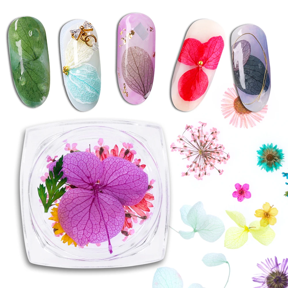 Для УФ гель для ногтей советы сторонний стикер украшения для ногтей 3D смешанные натуральные высушенные цветы DIY Цветочные Декорации женские маникюрные советы