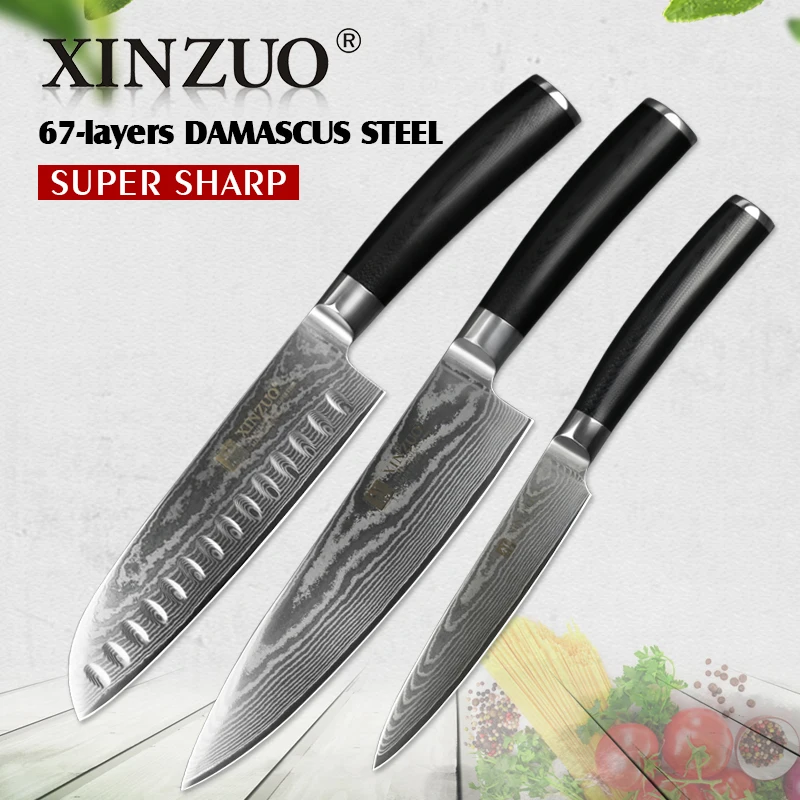 

XINZUO 3 PCS Kitchen Knives Sets Damascus Stainless Steel New Kitchen Knife Chef Utiliyt Santoku Knife Kitchen Toosl G10 Handle