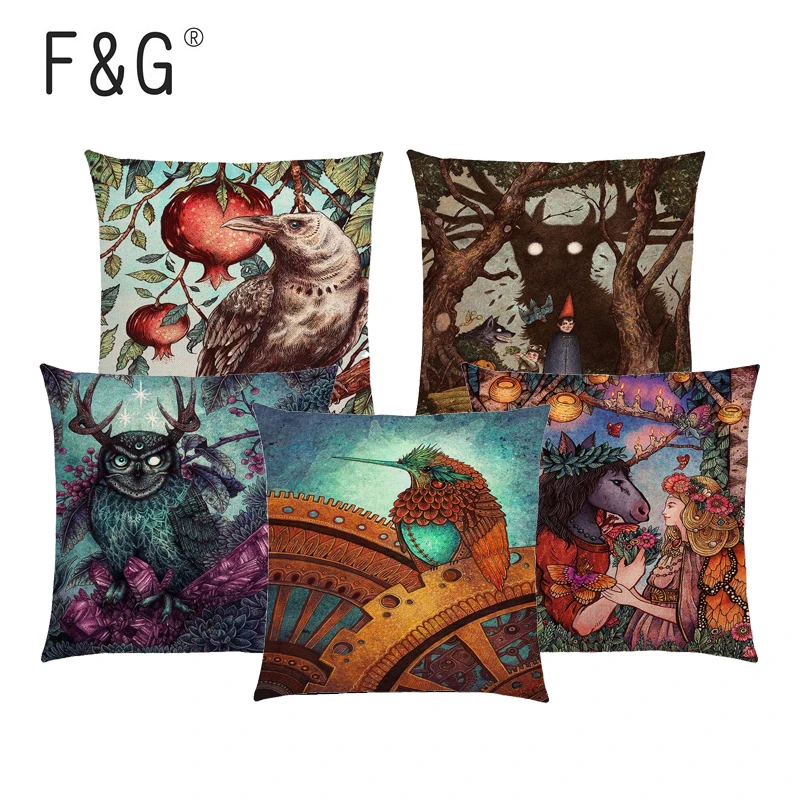 

Cartoon Cushion Cover Three-eyed Crow Steampunk Hummingbird Night Princess Owl Lion Home Car Sofa Decoration Pillowcase