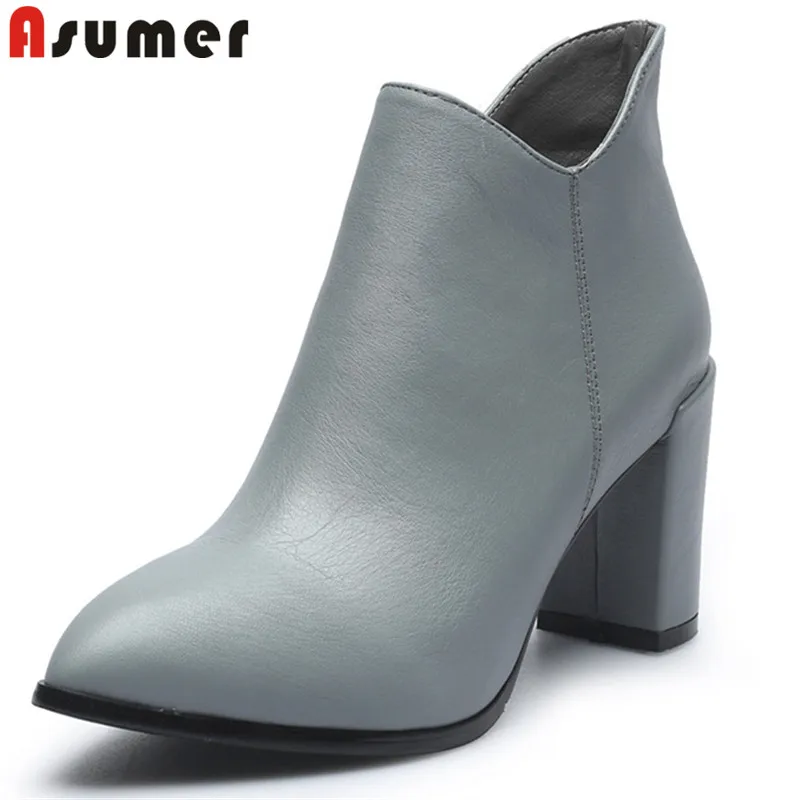 

ASUMER black gray fashion autumn shoes woman pointed toe thick heel high heels boots women genuine leather ankle boots