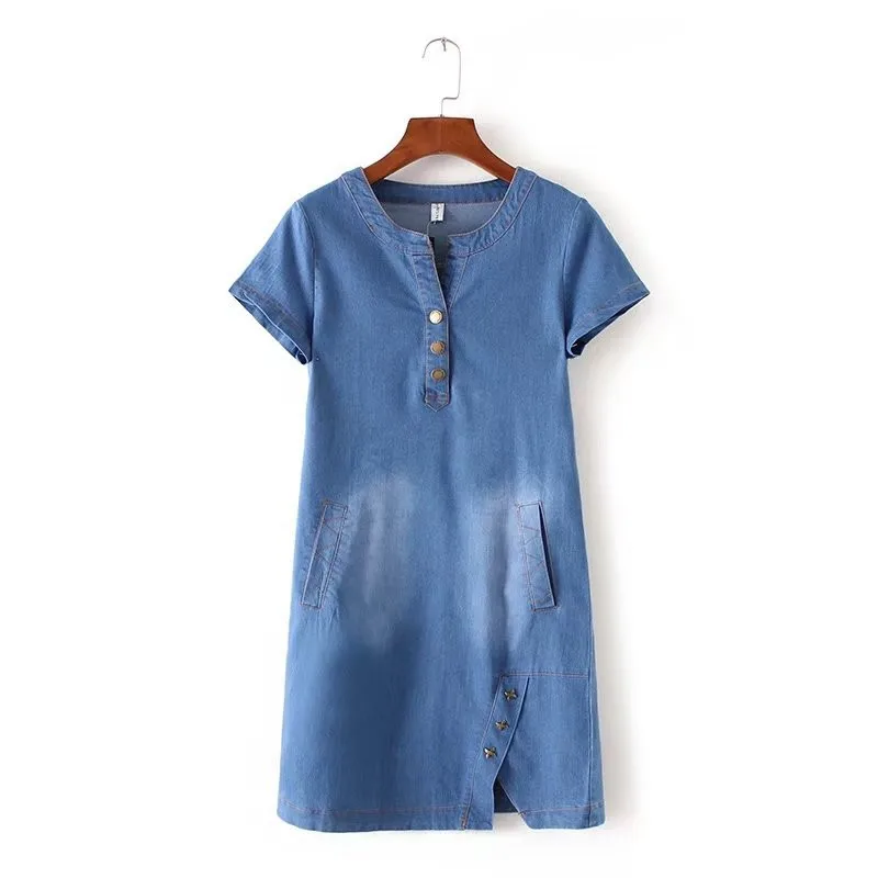 Summer Denim Dress Women 2019 New Fashion Round neck Short sleeve Jeans Dresses Plus size Female Loose A-Line Denim Dresses N292