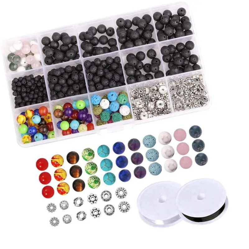 

Set of 500 Pcs 4-8mm Black Natural Lava Stone 7 Colors Chakra Beads Loose Beads and Zinc Alloy Spacer Beads for DIY Jewelry Ma