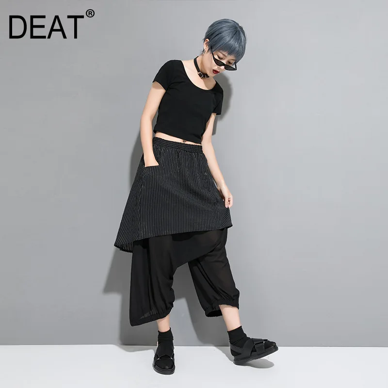 

[DEAT] 2019 New Spring Summer High Elastic Waist Loose Black Striped Split Joint Harem Pants Women Trousers Fashion Tide JW05