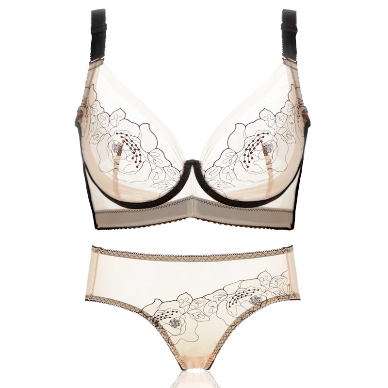 

B C D E F cup plus bras and brief set Thin bra set transparent perspective sponge plus size black large female underwear