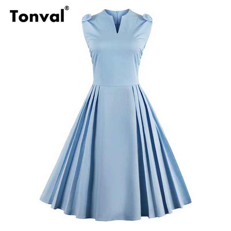 

Tonval Light Blue Vintage Summer Pleated Dress V neck Women Bow on Shoulder Dresses Elegant Party Cotton Dress
