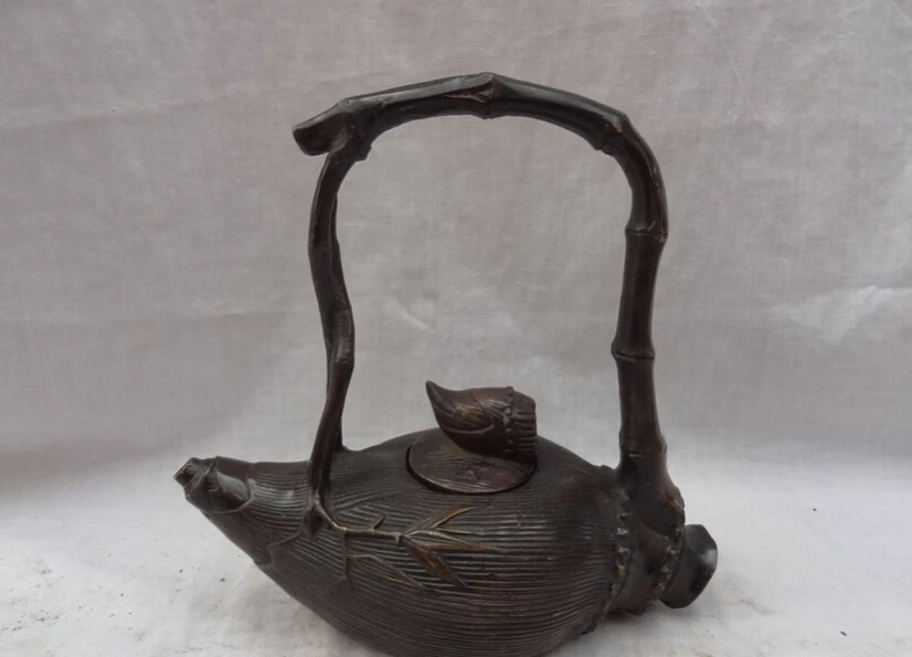 

S3225 8" Chinese Bronze Sculpture Nodose Bamboo Shoots Style Statue Teapot Wine Pot D0317