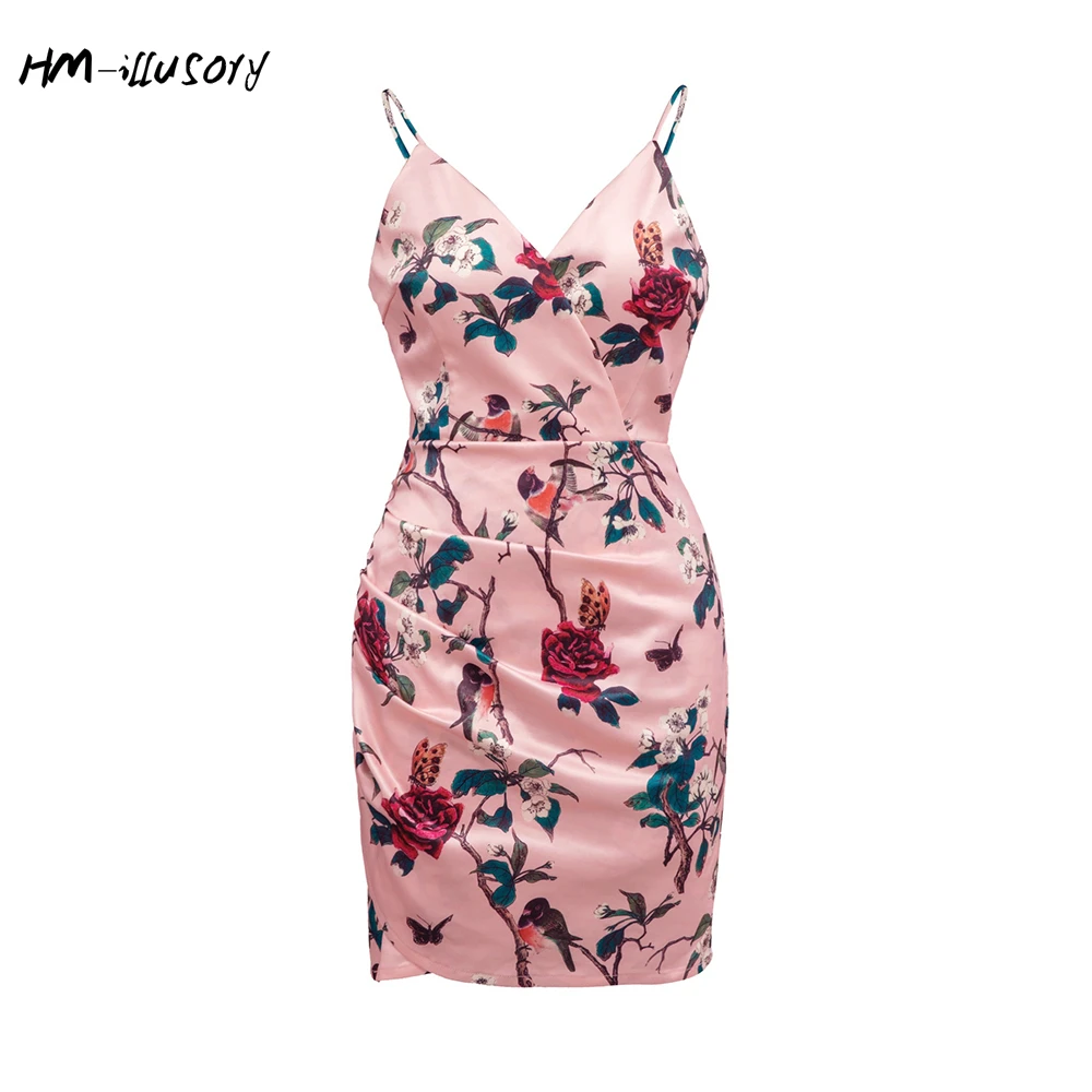 

HM- Illuroy Summer Vintage dress 2019 Badycon dress Printed Badycon dress petal pleated sling skirt
