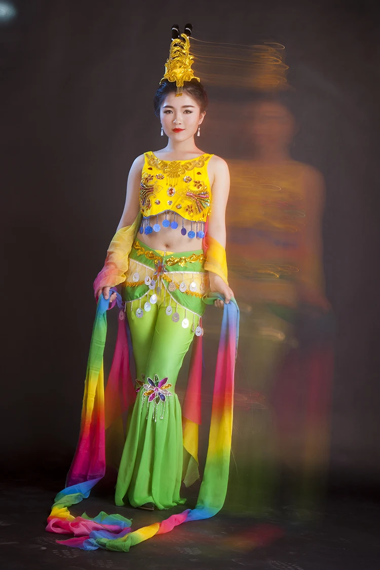 Женские Длинные рукава с блестками классический китайский танец девушка Таиланд дунхуан летающие танцевальные костюмы Луна сказочная одежда