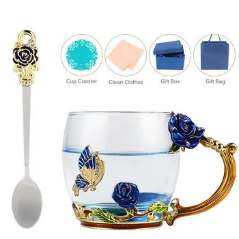 

Blue Rose Carving,Enamel Color, Luo Poetry Tea Cup, Crystal Heat-resistant Creative Gifts for Wedding Party Birthday Gift