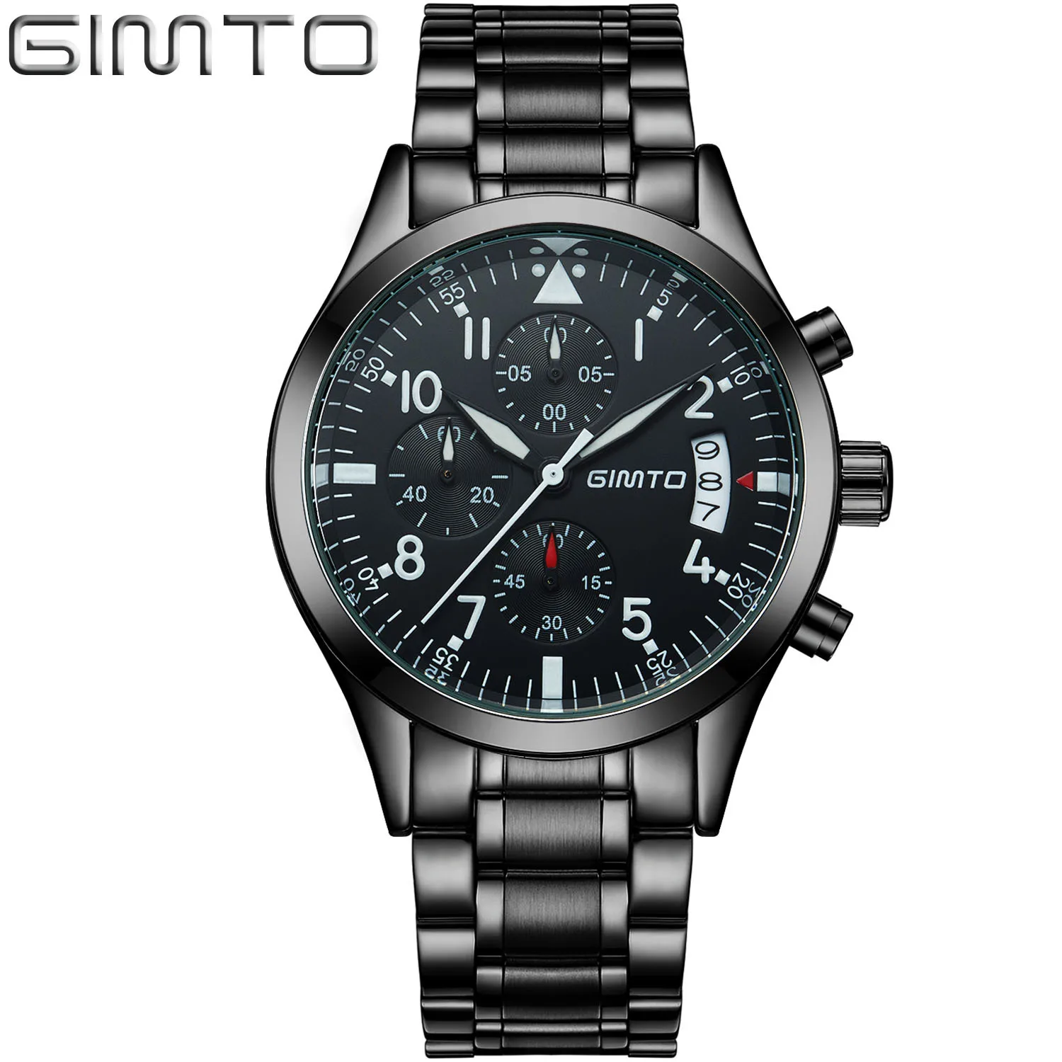

men watch stainless steel quartz man wristwatch GIMTO brand mens watches waterproof Multifunction black men's clocks