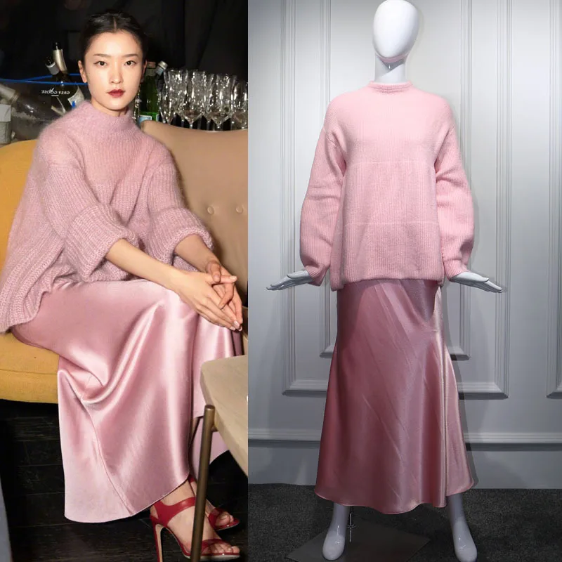 

The Same Lotus Root Pink Mohair Knitted Loose Version of Lantern Sleeve Han Version Half Sweater Women 2019 Pullover Women