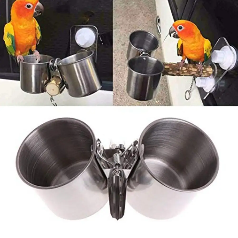 

Parrot Bird Stainless Steel Feeder Water Food Feeder Cup Clip Type Trough Food Bowl Stand For Clamping On Branches Cage New