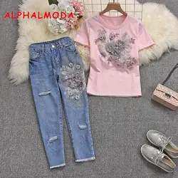 ALPHALMODA 2019 летние женские стильные футболки с короткими рукавами джинсы тяжелая работа 3D Цветочные хлопковые футболки и рваные брюки