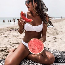 Underwire bikini 2018 V top Swimsuit Women Sexy Red White swimwear Ribbed bikini set Push Up bathing suit Mujer Bather biquini color block push up underwire bikini set