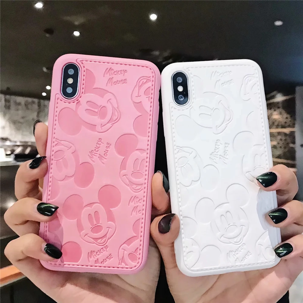 Phone - Cartoon Mickey Minnie Mouse Leather Case For iPhone 8 7 6 6S Plus X Xs Max XR 3D embossing Disneys Painting Soft leather Cover