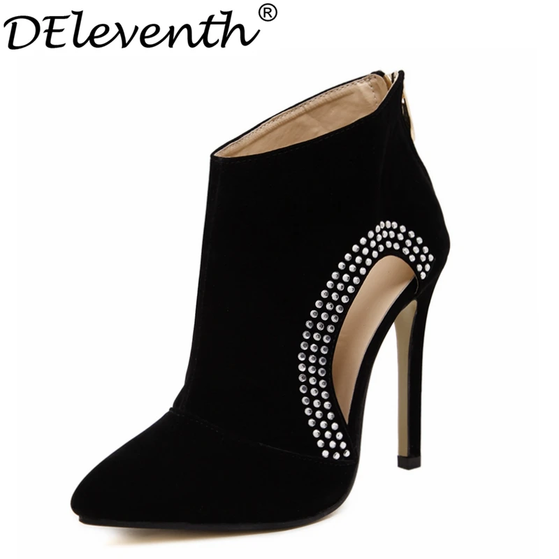 

DEleventh 2016 Super Start Crystal Concise Women Shoes Pointed Toe High Heels Cut-outs Fashion Zip Shoes Rivet Party Black
