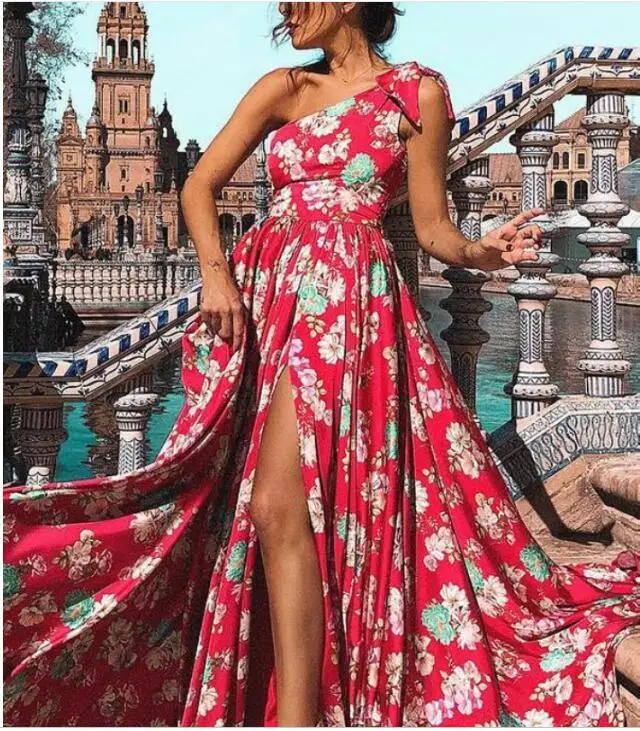 

Summer Fashion Women Stylish Elegant Sexy Long Party Dress Sleeveless One Shoulder Bow Tie Printed Slit Tunic Maxi Dress