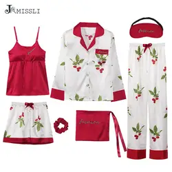 JRMISSLI демисезонный Новый 7 шт. пижамы для женщин пижамный комплект Пижама пикантные шелковые цветочный одежда сна домашняя