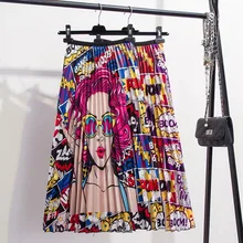 Лето Осень Европейский мультфильм шаблон высокая талия эластичные плиссированные женские юбки уличная трапециевидная Рождественская юбка до середины икры