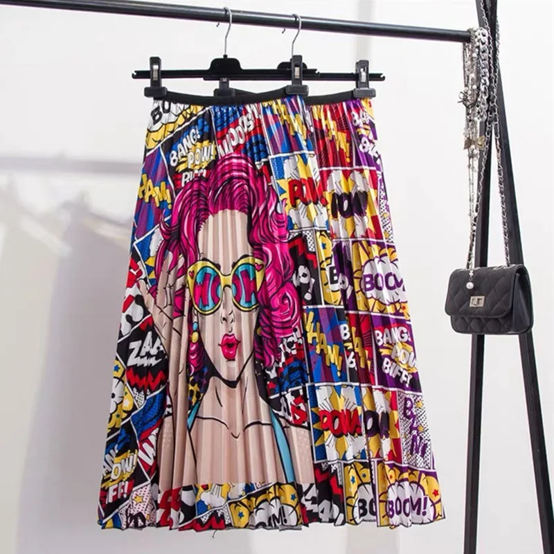 

2019 Summer Autumn European Cartoon Pattern High Waist Elastic Pleated Skirts Womens Streetwear A-line Mid-Calf Christmas Skirt