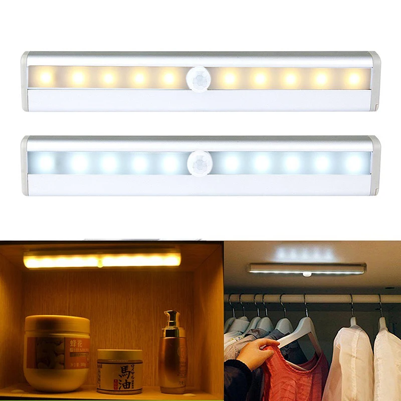 1Set Portable 10 LEDs Under Cabinet Light Motion Sensor Closet Wall Lamp IR Infrared Motion Detector Wardrobe Night Light