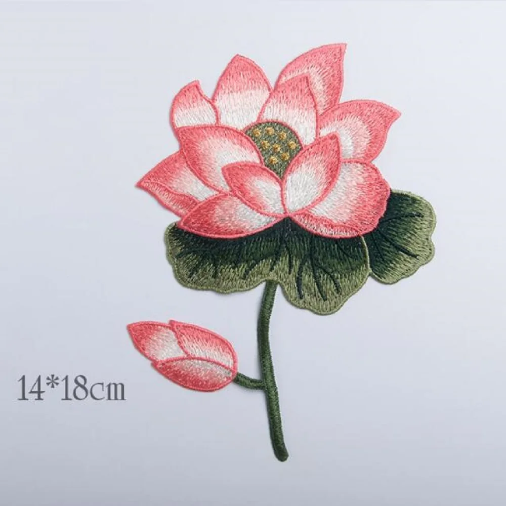 Pink lotus flower embroidered sew on patches for clothes folk style