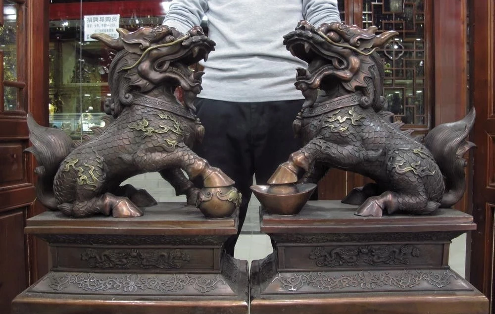 

22 China bronze copper Feng shui Evil Foo Dog Lion Dragon Kirin beast kylin Pair