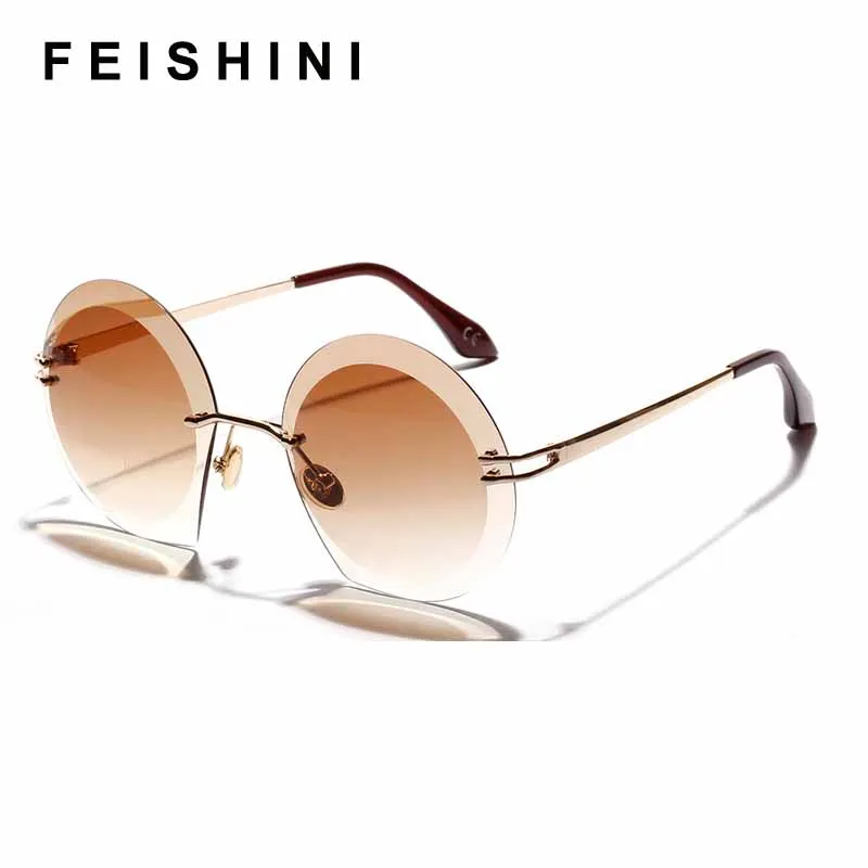 FEISHINI, Модные Зеленые градиентные солнцезащитные очки, брендовые, роскошные, Круглые, без оправы, солнцезащитные очки для женщин, Ретро стиль, негабаритная оправа, классический дизайн