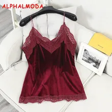 ALPHALMODA кружевной сексуальный бархатный топ с v-образным вырезом зимний женский однотонный сексуальный топ