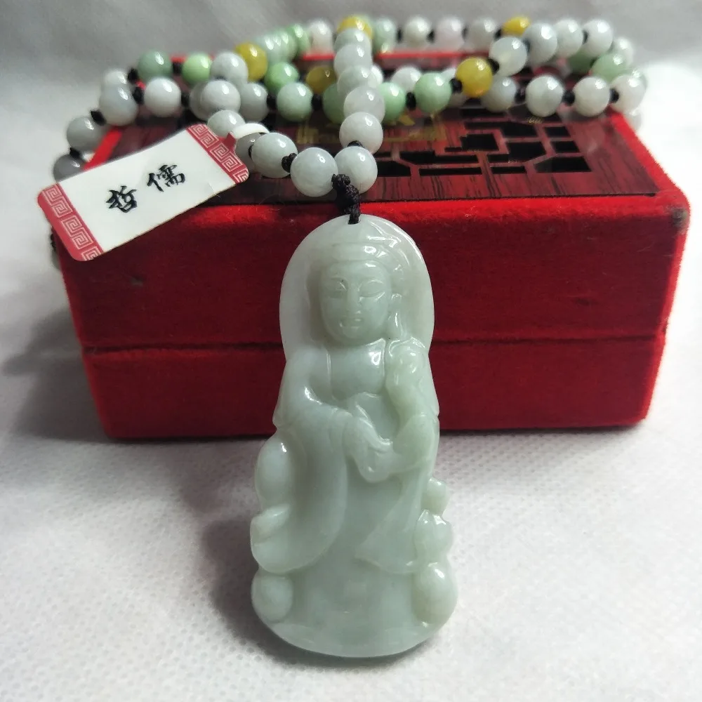 

Zhe Ru Jewelry Pure Natural Jadeite Light Green Stereo Guanyin Pendant Tricolor Jade Bead Necklace Send A Certificate