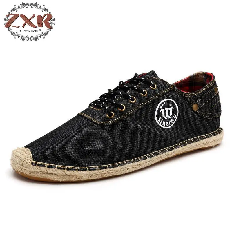 

Zuoxiangru Men Canvas Straw Shoes Men Match Your Jeans Cotton Casual Flats Plus Big Size Shoes Blue Black Male Loafers
