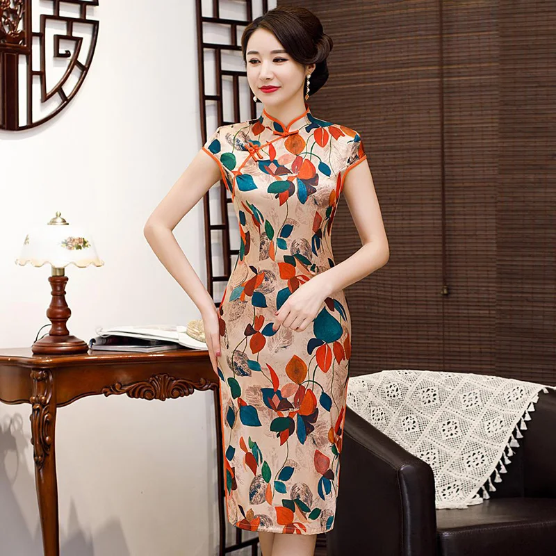 

2019 Novelty Knee Length Cheongsam Chinese style Mandarin Collar Dress Womens Summer Rayon Qipao Slim Party Dresses Vestido