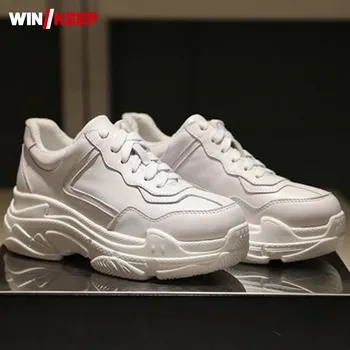 

2019 Spring Solid Black White Shoes Women Cow Leather Light Weight Breathable High Heel Sneakers Lace Up Walking Sport Shoes