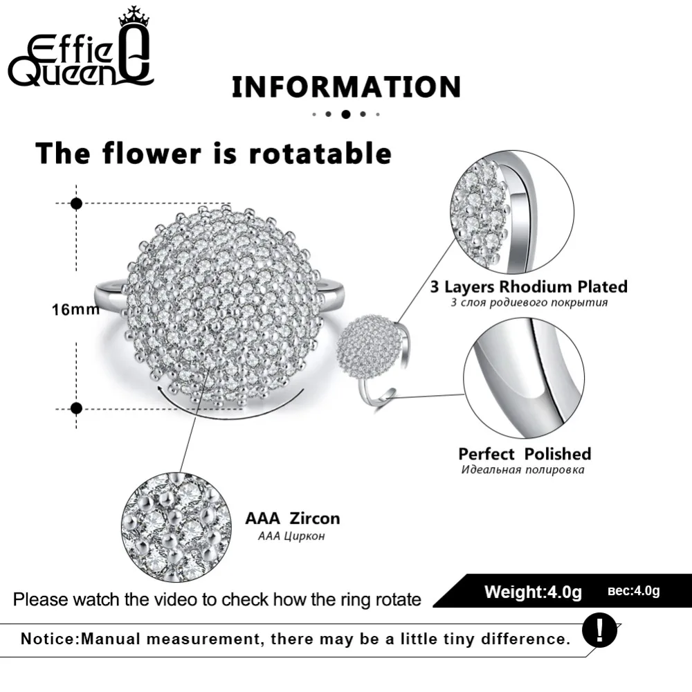 Effie queen серебряные вращающиеся кольца для женщин Роскошные кубическая циркониевая подвеска обручальное кольцо с регулируемым размером DOR154
