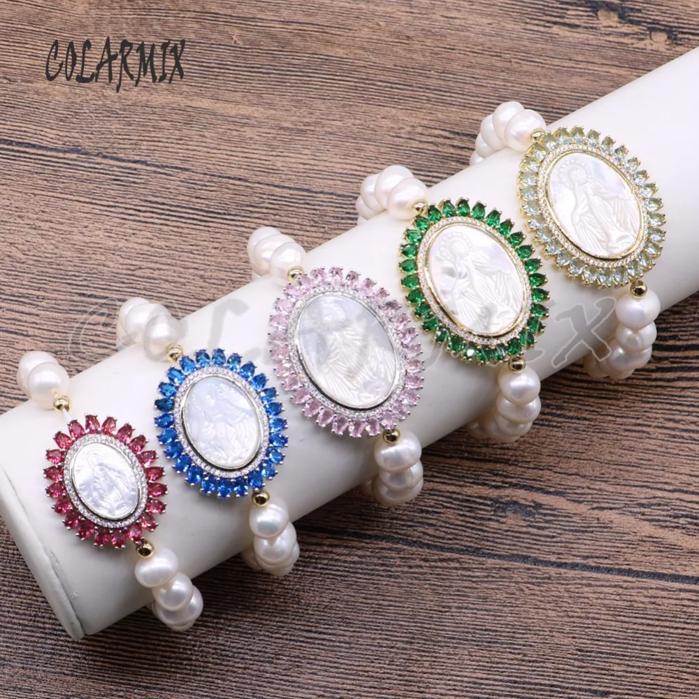 

3 pieces Shell stone bracelets macrame mix colors beaded pearl bracelets shell carved Madonna 4515