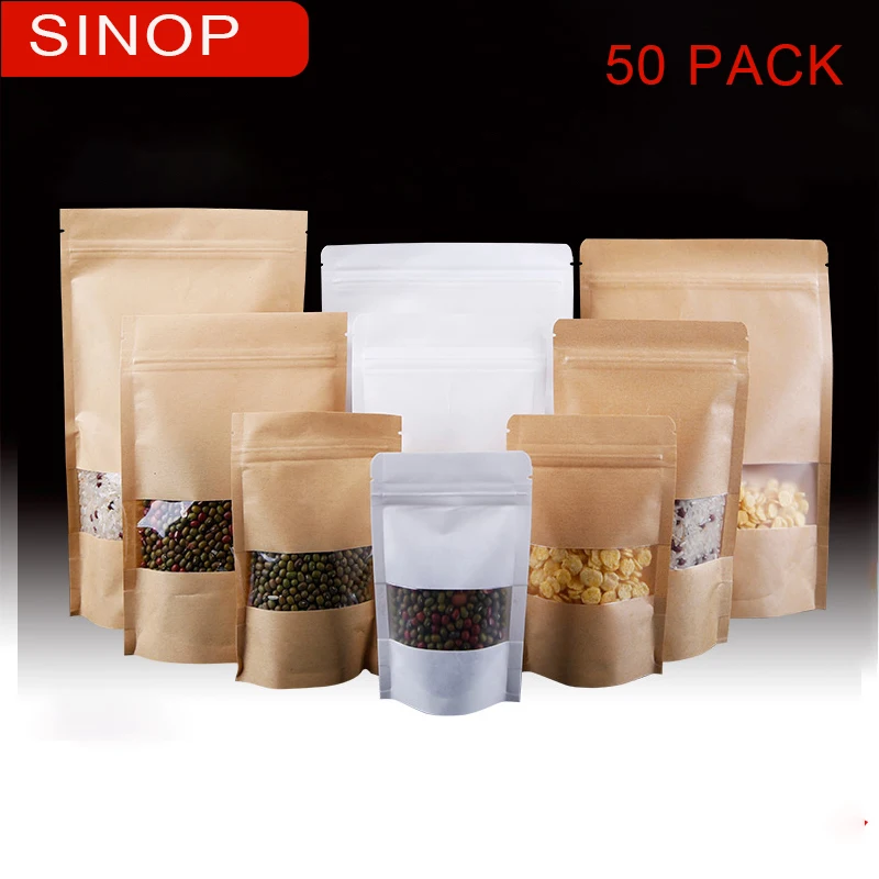 Zip lock kraft paper bags pouch with window stand up gift candy bags