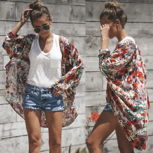 

Meihuida Brand Women Summer Cover-Ups Floral Print Shawl Cardigan Tops Beach Dress Beachwear Long Sleeve Sexy Cover Up