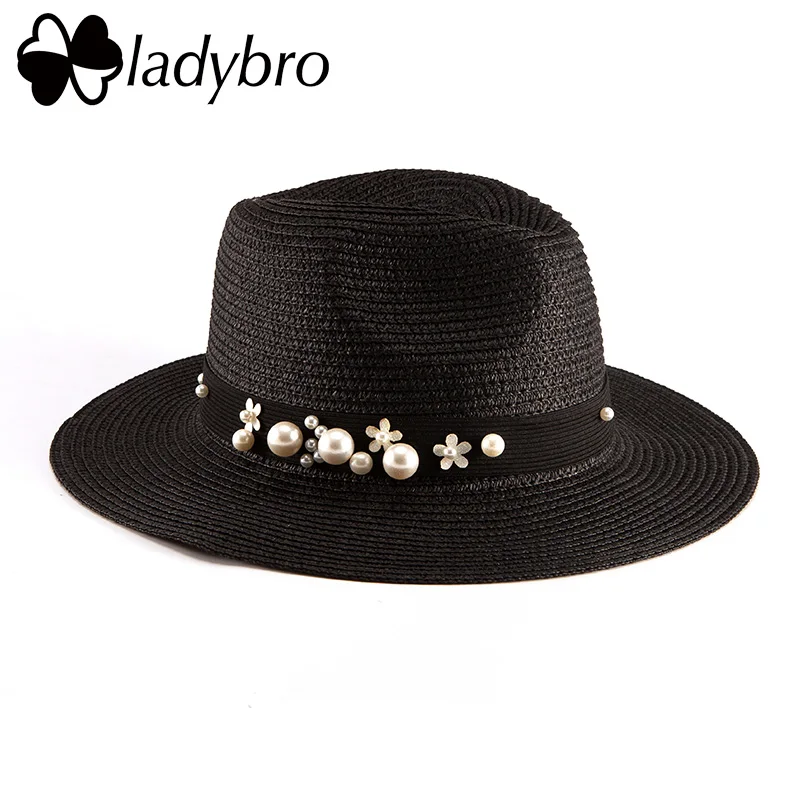 Ladybro Летняя женская шляпа с широкими полями, пляжная шляпа от солнца, Панама, соломенная шляпа, мужская фетровая шляпа, солнцезащитный козырек, кепка для мужчин, Sombrero Chapeau Femme - Цвет: 24403 Black