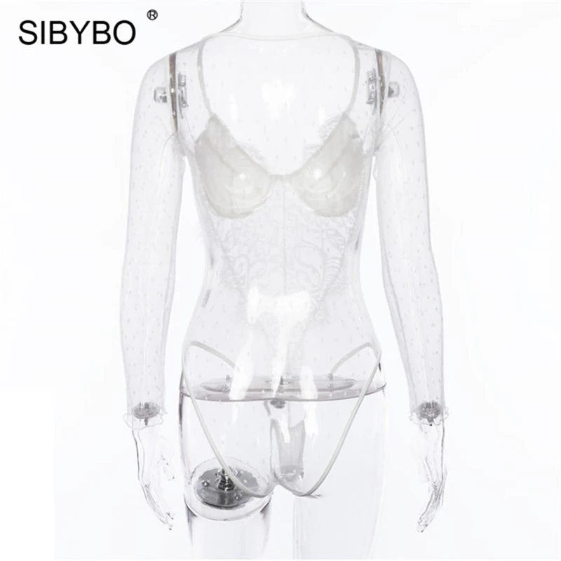 Женский сетчатый боди Sibybo облегающий кружевной комбинезон с длинным рукавом и