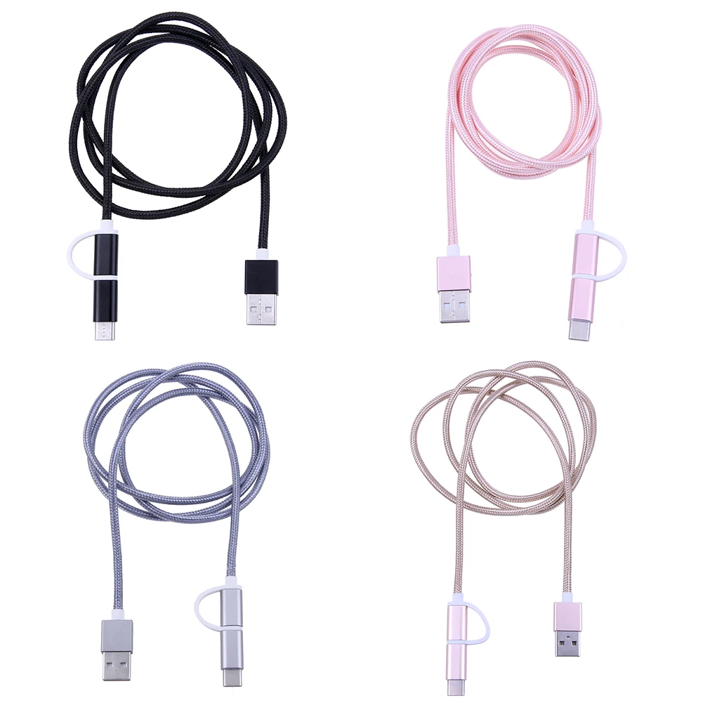 

1m 2 in 1 Universal Type C Micro USB Charger Converter Power Supply Data Cable Charger Fabric braided Cable Cord