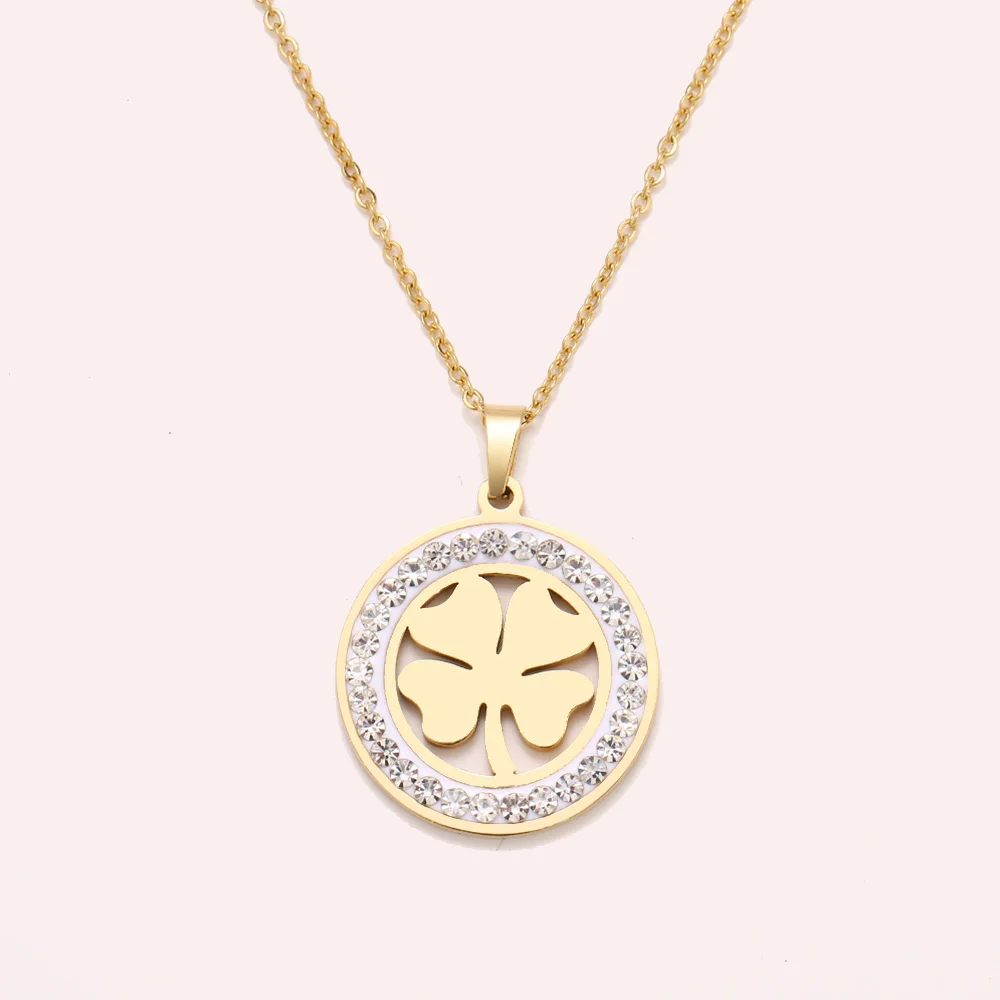 Cacana Stainless Steel Crystal Round Pendants Necklace Women Jewelry Clover Trendy Necklaces Donot Fade Valentine's Day Gift (3)