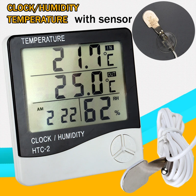 

HTC-2 Weather Station Digital LCD Temperature Humidity Meter Indoor/Outdoor Room Thermometer Clock Hygrometer with sensor