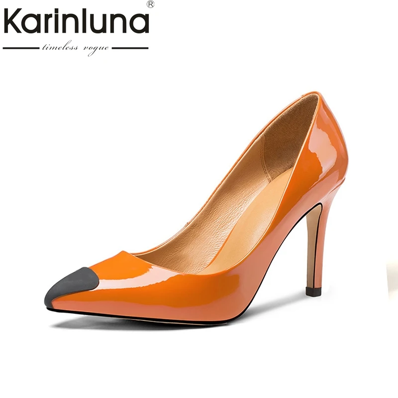 

Karinluna 2018 women's Genuine Leather Thin High Heels Pointed Toe slip-on Shoes Woman Casual Pumps Size 34-39