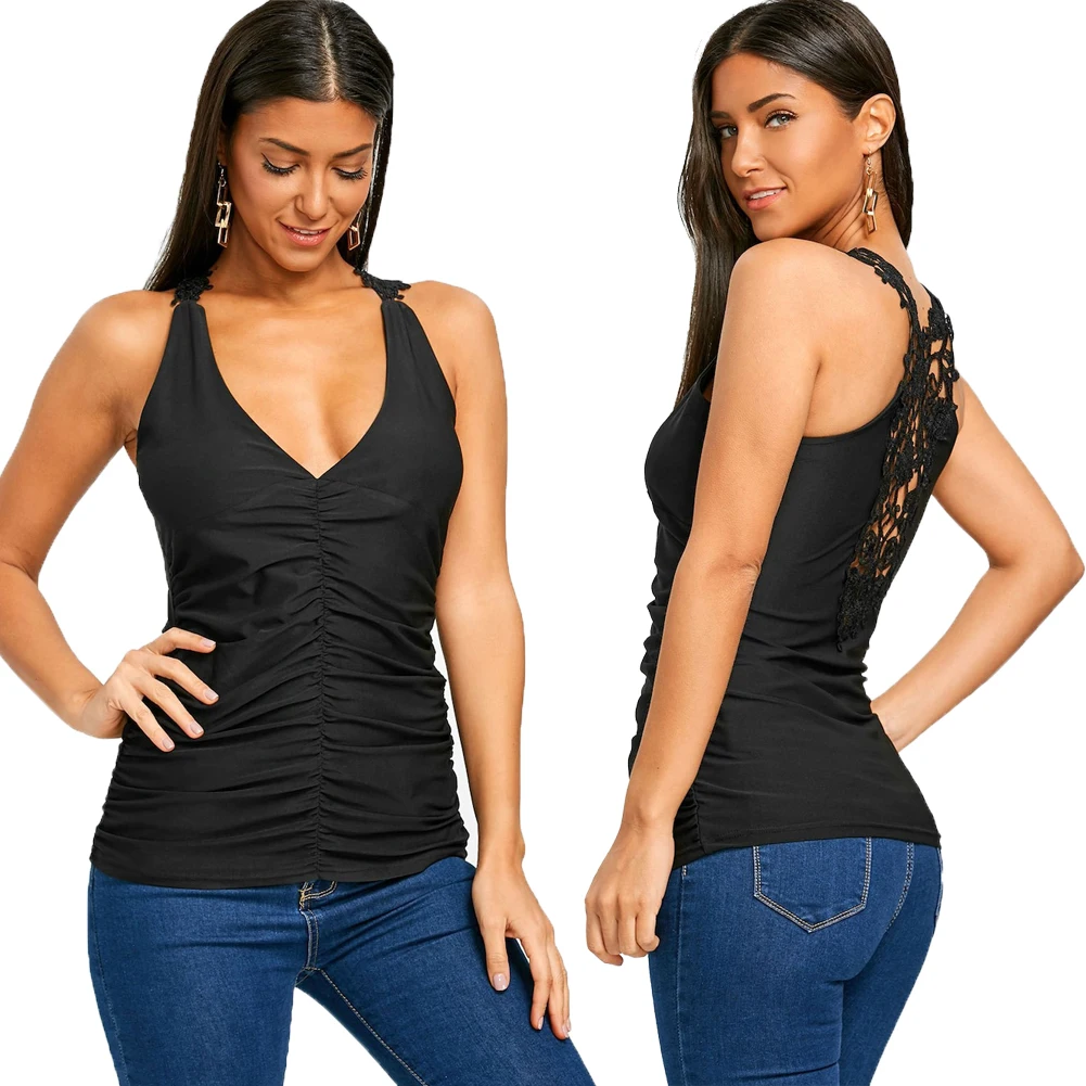 Women Sleeveless Top Fashion Summer Ruched Lace Tanks Ladies Vest Casual Tank Tops Tank Tops