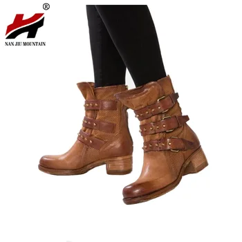 

NAN JIU MOUNTAIN Women's Boots New Autumn And Winter PU Leather Metal Decorative Belt Buckle Middle Heel Ankle Boots Plus Size