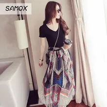 JSMY Women New Summer Dress Floral Chiffon Print V-neck High Waist Long Dress JSMY Women New Summer Dress Floral Chiffon Print V-neck High Waist Long Dress